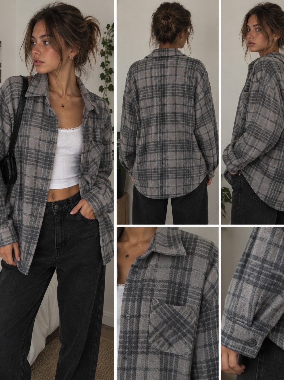 PINK Victoria's Secret Gray Plaid Button-Down Shirt Shacket